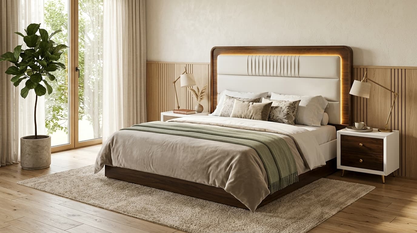 Aurora Luxe LED Upholstered Bed – King Size