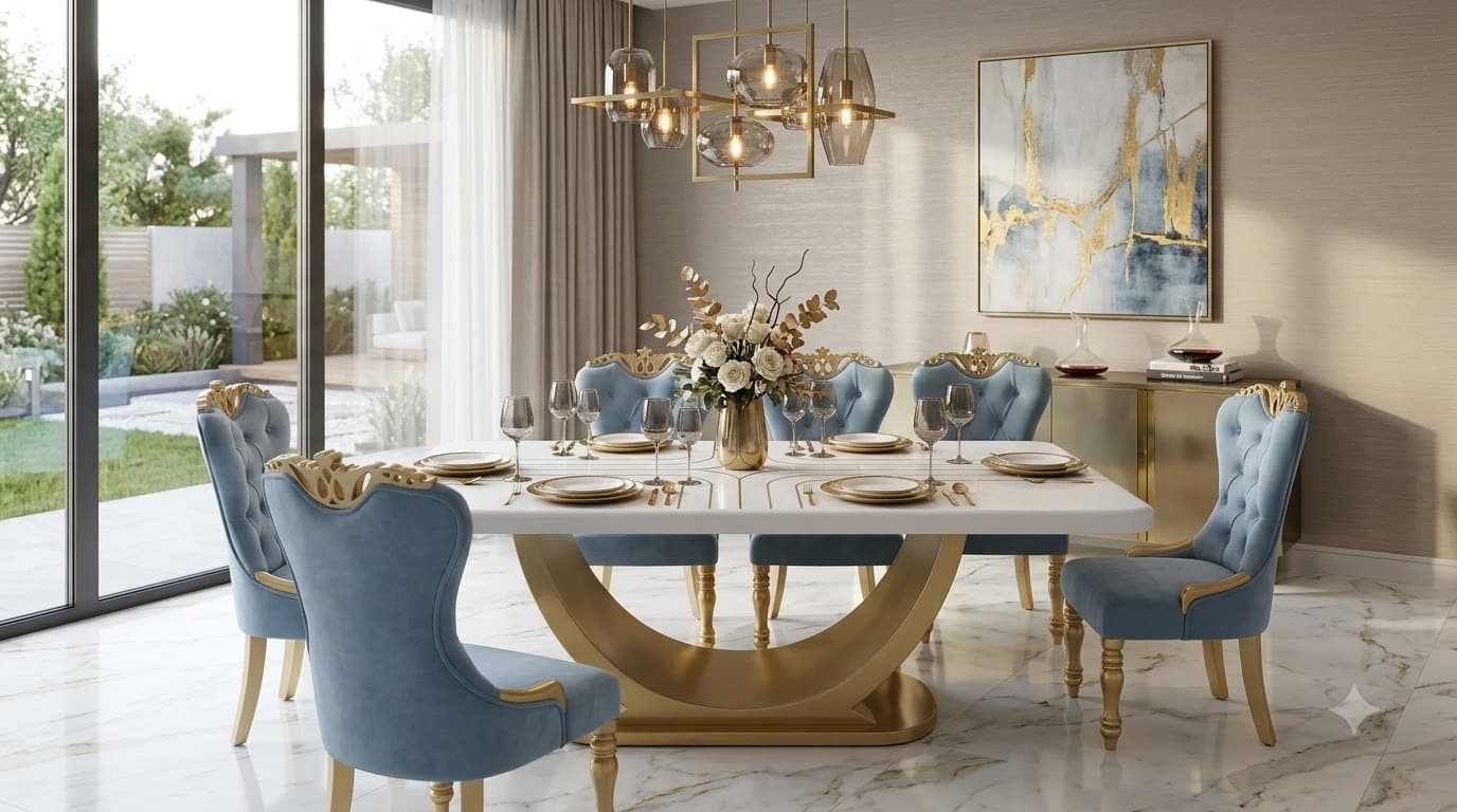 Luxury 6 Seater Marble Dining Table Set with Velvet Chairs