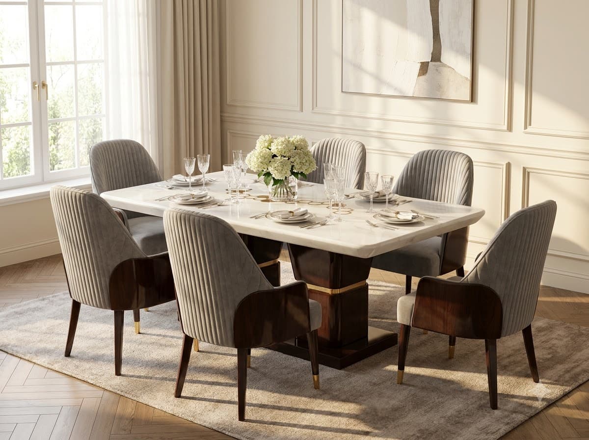 Modern 6 Seater Marble Dining Table Set with Upholstered Chairs