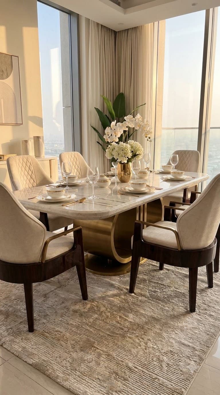 Premium 6 Seater Marble Dining Table Set with Gold Pedestal Base