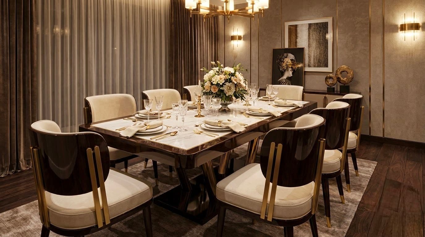 Luxury 6 Seater Marble Dining Table Set with Gold Accent Chairs