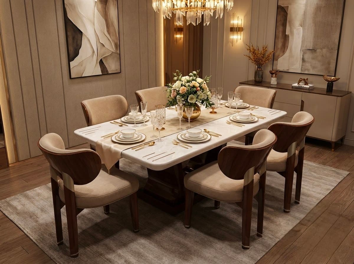 Contemporary 6 Seater Marble Dining Table Set with Wooden Chairs
