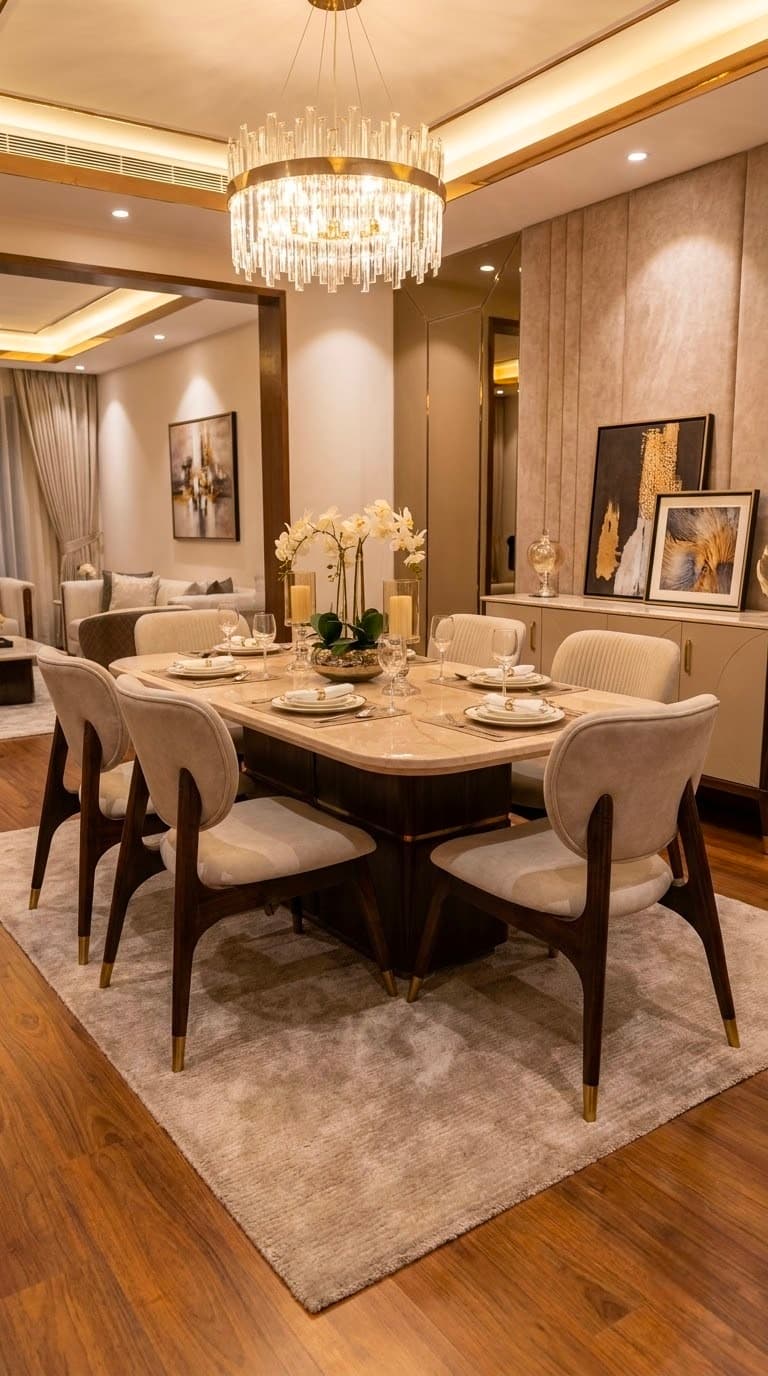 Elegant 6 Seater Marble Dining Table Set with Upholstered Chairs