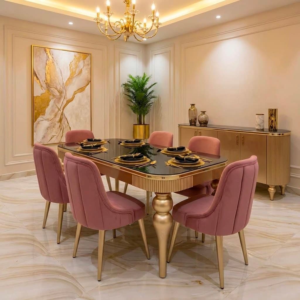 Luxury 6 Seater Black Glass Dining Table Set with Velvet Chairs