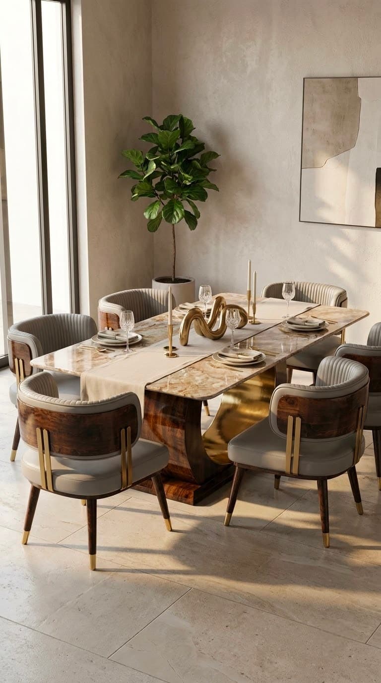Luxury 6 Seater Marble Dining Table Set with Designer Gold Base