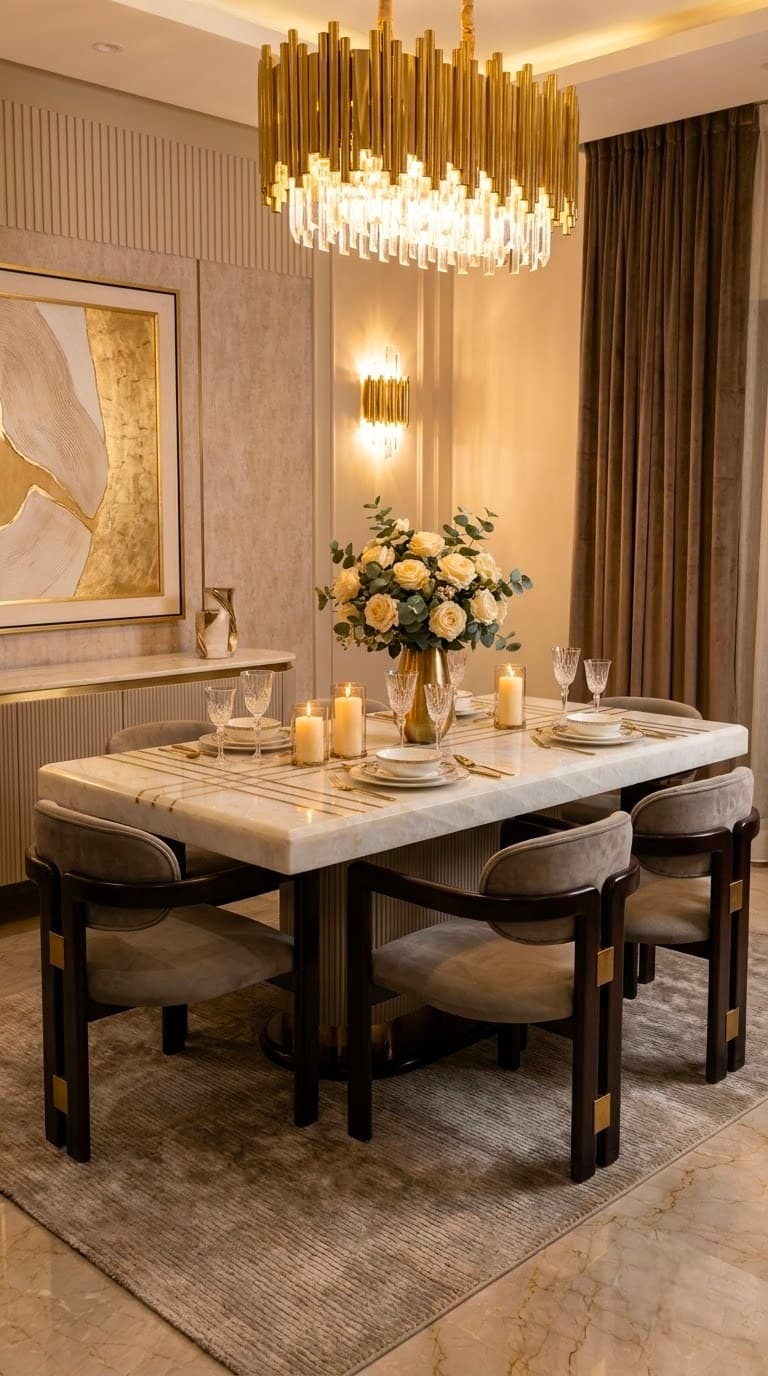 Royal 6 Seater Marble Dining Table Set with Premium Upholstered Chairs