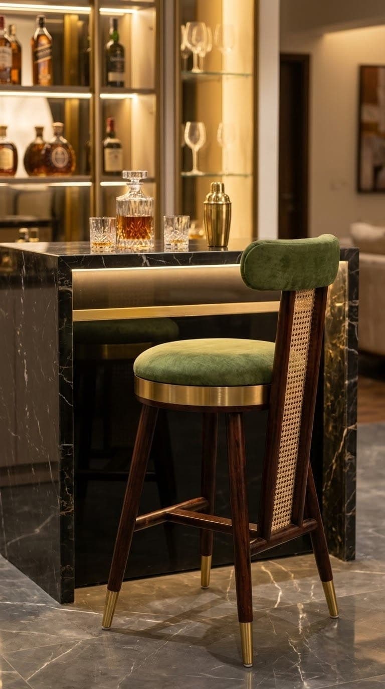 Luxury Upholstered Cane Back Bar Stool